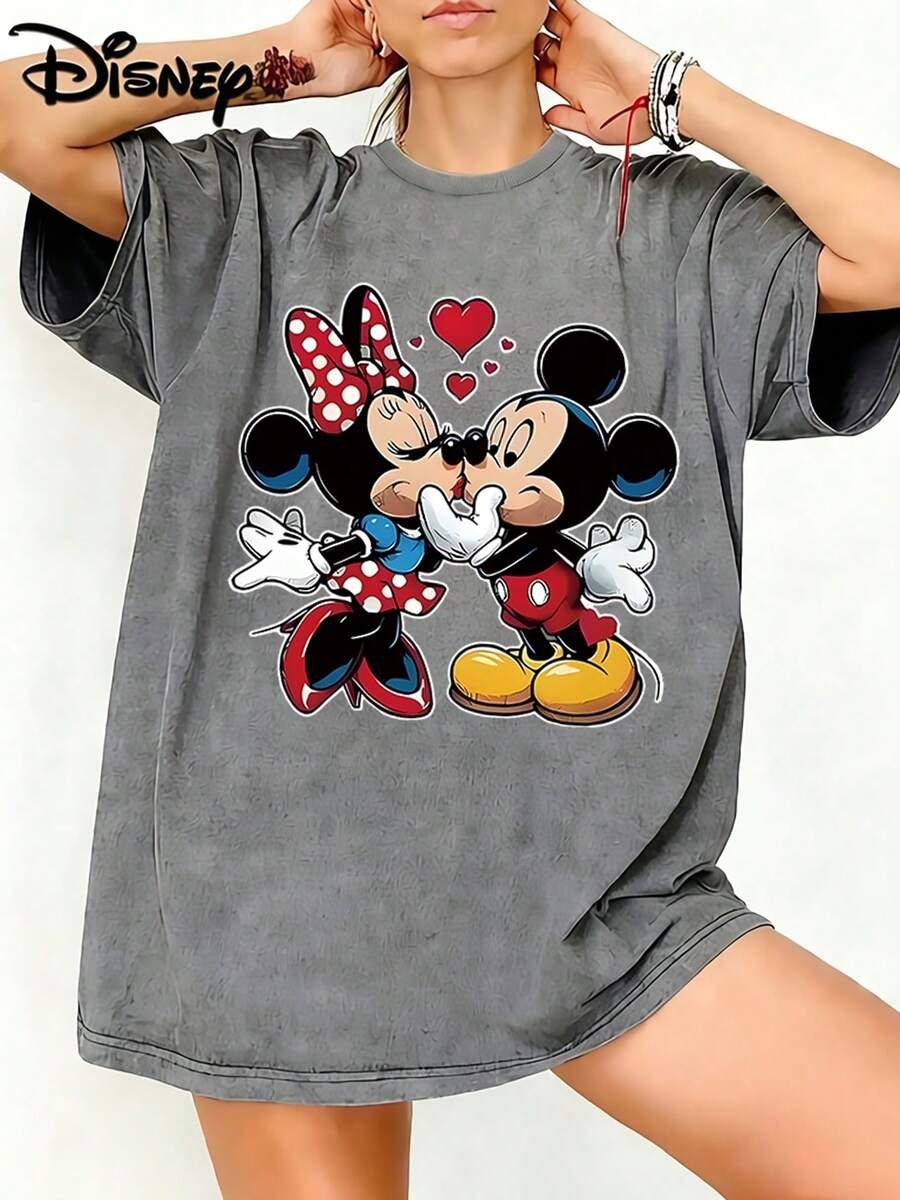 Disney Unisex TShirt Kissing Mickey & Minnie Love Heart Graphic Washed TShirt For Women, 100% Cotton Oversized Vintage Short Sleeve Tee, Romantic Disney Couple Themed Casual Top - Grey - View 1