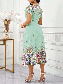 xheSHEIN Lady Vestido midi elegante con estampado floral, mangas asimétricas con volantes para mujerxhe - Verde - Ver 5