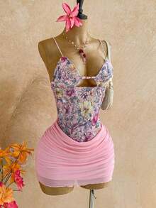 Women's Sexy Pleated And Openwork Mini Dress With Top - 櫻桃紅 - 查看 4
