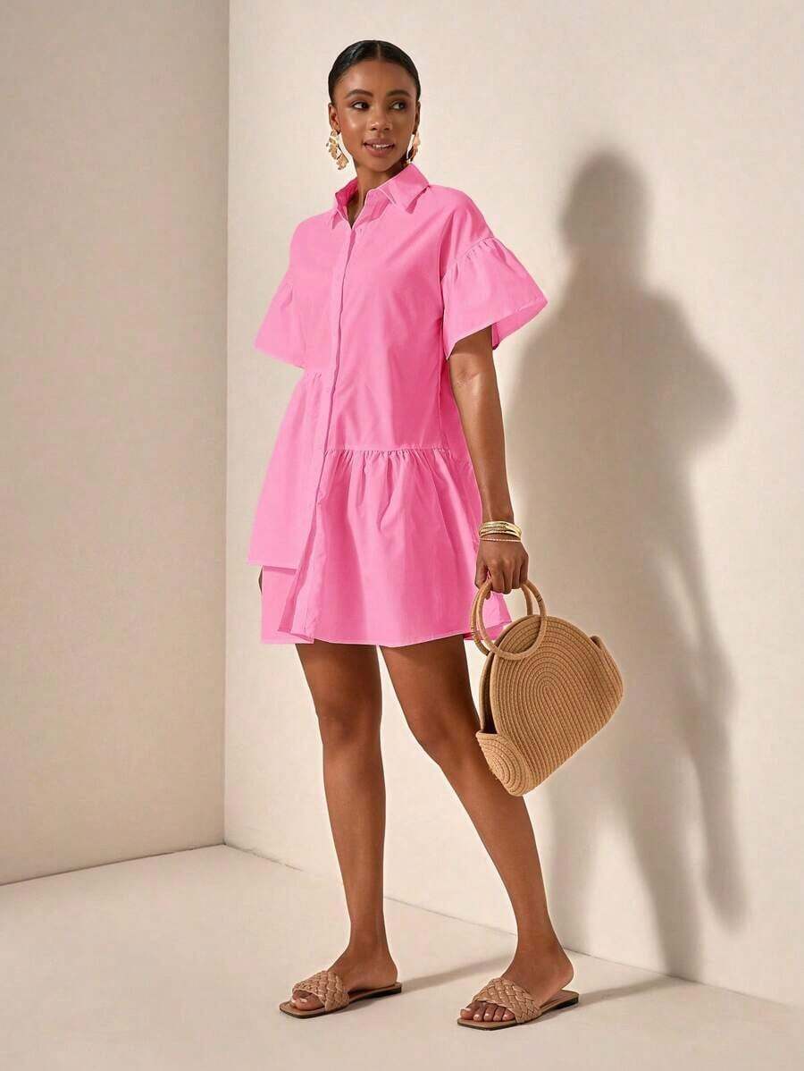 bfdbZivah Vestido de vacaciones de manga corta con volantes en el bajo y botones delanteros de unicolor, para veranosfb x LHQQ - Rosa - Ver 1