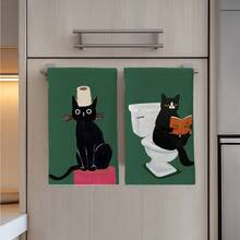2pcs Cat Pattern Printed 40*60cm Soft Fiber Kitchen Towels, Absorbent Dish Cloths, Farmhouse Style Towels, Suitable For Kitchen, Bathroom, Housewarming Gifts, Great Value For Home - Green - View 7