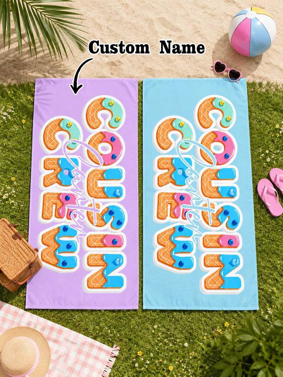1pc Personalized Children's Beach Towel With Customizable Name, Perfect Summer Birthday Gift, Suitable For Various Summer Occasions. Beach Towel And Accessories, Ideal For Beach, Swimming Pool, Travel, Camping, Yoga And More. - Multicolor - View 1