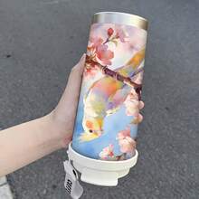 1件/5件 500ml 防漏不鏽鋼保溫咖啡杯，附翻蓋與「COFFEE」杯帶，可愛鸚鵡與櫻花圖案，適用冷熱飲，鳥類愛好者完美禮物，冰咖啡適用 - 多色-櫻花小鳥 - 查看 5