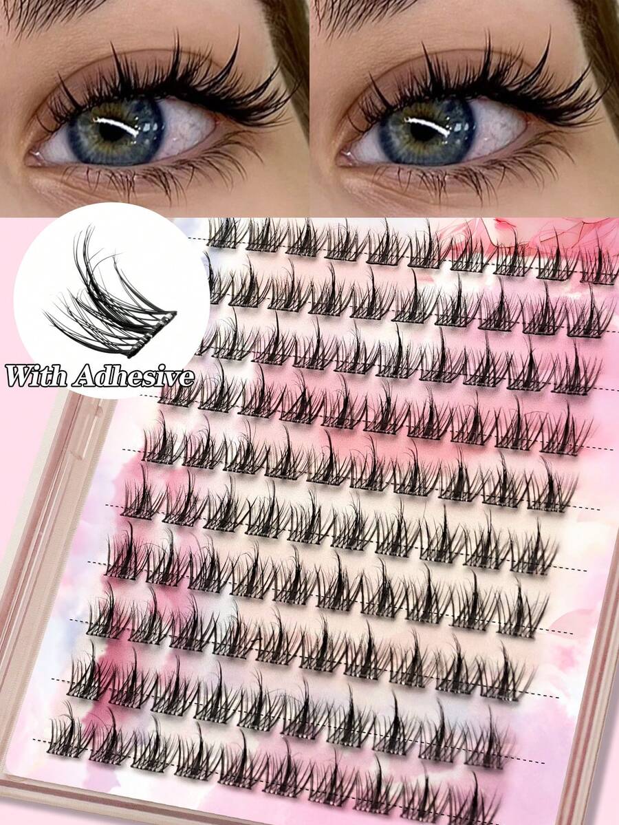 Waloshow Luxury 100 Clusters Glue-Free Fishtail Eyelashes, DIY No Glue Needed, C Curl, Natural Extension Look, Sparkling Eyes, Soft Comfortable Natural Full And Dramatic Fishtail Style. Lightweight And Reusable, Perfect Makeup, Ideal Gift For Best Friend, Girlfriend, Family, Holiday Gift - C - View 1