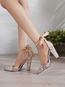 Beige Embossed Print Scattered Flower Single Rose With Pearl Rhinestone Strap Bow Tie Versatile Chunky Heel Hollow-Out Fashion Pumps - Beige - View 2