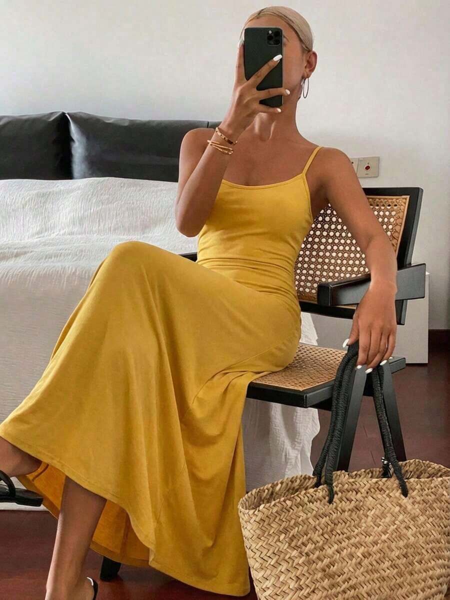 Nuevo vestido largo de playa de verano para mujer, vestido maxi de unicolor y casual para resort - Amarillo - Ver 1