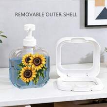 1pc Sunflower Print Press Soap Dispenser, Minimalist Black Transparent Refillable Bottle, Bathroom Kitchen Hand Soap Shampoo Lotion Dispenser Container, Bathroom Desktop Decor Storage Bottle - Multicolor - View 7