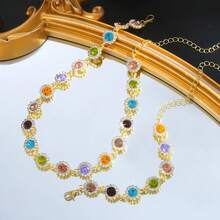 Juego de 2 piezas de collar y pulsera de circonita colorida, diseño floral elegante y exquisito, accesorios de acero inoxidable para mujer para uso diario y fiestas. - AYAColorido - Ver 4