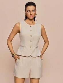 xheFranclia Conjunto de chaleco sin mangas y shorts para mujer, conjunto cómodo de vacacionesxhe - Caqui - Ver 5