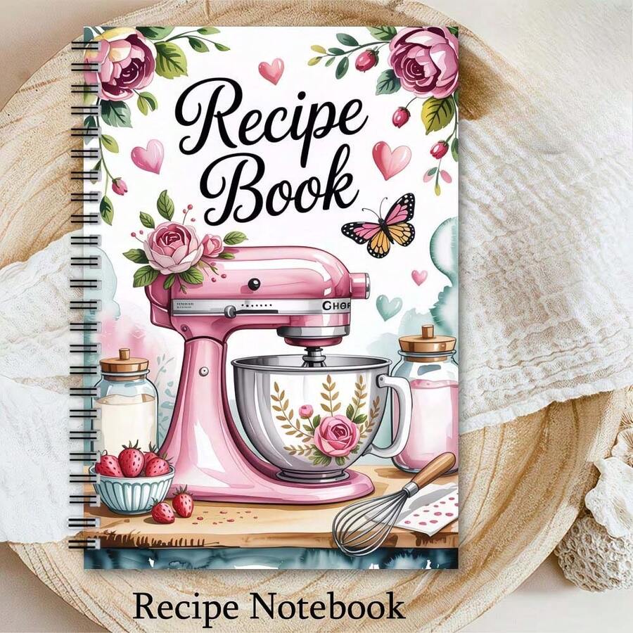 Libro de recetas con diseño floral de cocina vintage, revista de recetas, funda para batidora rosa - Recetario y planificador de recetas con espiral, tamaño compacto adecuado para hornear y cocinar - D - Ver 1
