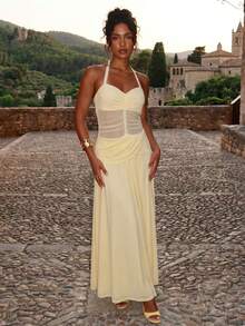 Womens Summer Halter Dress A Line Stylish Ruched Solid Color Sleeveless Backless Long Dress - Yellow - View 2
