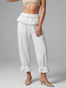Women Lantern Pants Ruffle Trim Loose Elastic Waist Ankle Length Bloomers For Daily Office Party Club - White - View 5