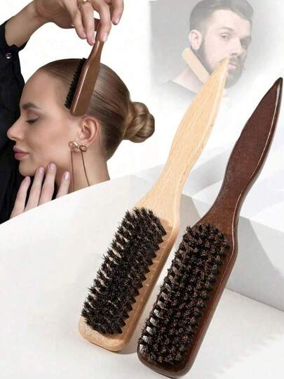 1pc Unscented Professional Styling Brush, Boar Bristle Hair Brush With Wooden Long Handle, Unisex Beard Brush, Slick Back Brush, Hard Bristle Brush, Suitable For Thick/Thin Hair, Mustache Styling, Ponytail Styling, Hairline Control, Hairstyle Grooming, Professional Hairstyling, Essential For School, Travel, Vacation