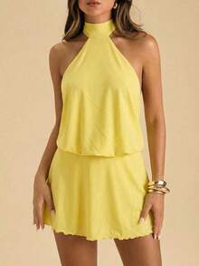 Vestido corto de verano elegante y sexy con estampado floral y espalda descubierta - Amarillo - Ver 4
