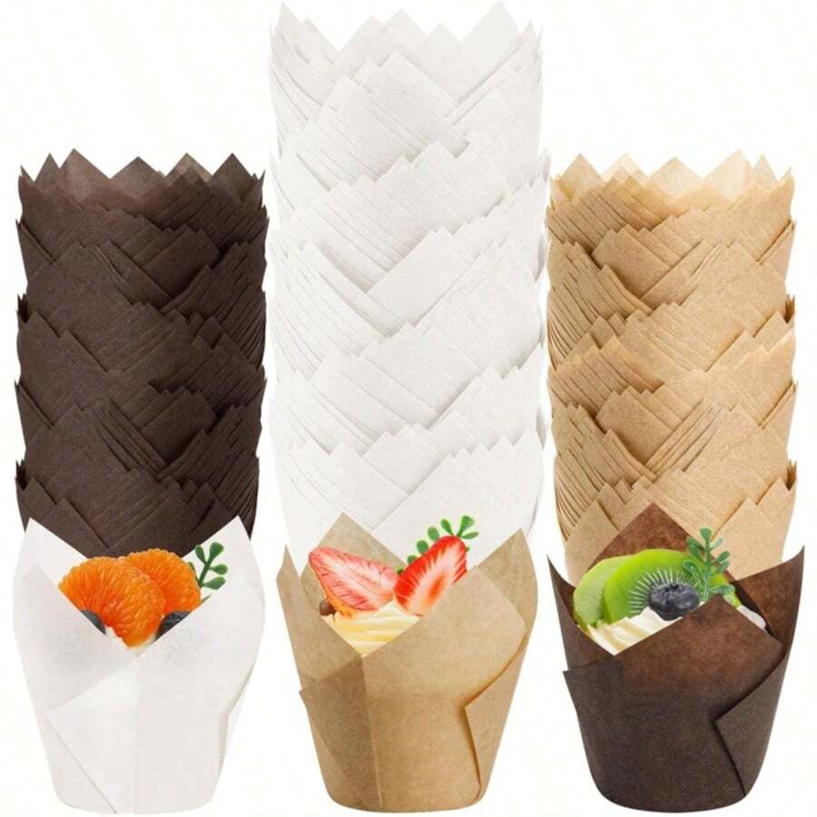 50pcs Natural Tulip Cupcake Liners, Parchment Paper Muffin Cups, Standard Tulip Cupcake Wrappers, Grease-Proof Cupcake Baking Cups, Suitable For Parties, Christmas