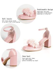 Women's Nude Platform Floral Block Heel Sandals, Ankle Strap Square Toe Bridal Wedding Shoes - Baby Pink - View 10