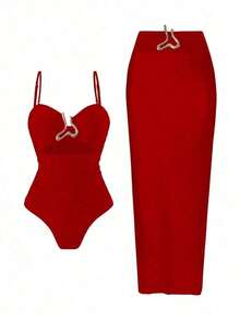 Set de 2 piezas de traje de baño con bandeau y tiras huecas rojo + falda de cubrir para playa, conjunto de verano de ocio y vacaciones 2025 nuevo - Rojo - Ver 8