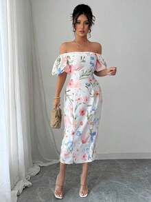 MEXSelianne Vestido de verano elegante de mujer con estampado floral en todo el Body y hombros descubiertosMEX RYPS - Albaricoque - Ver 5
