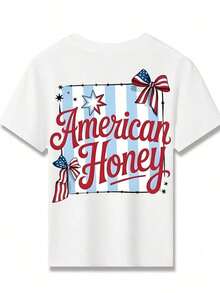 American Honey Kids' Short Sleeve T-Shirt With 4th Of July Cartoon Print, 180g, Soft, Comfortable And Breathable, Suitable For All Seasons, Perfect For Boys And Girls For Everyday Wear, School And Casual Sportswear. An Ideal Crew Neck T-Shirt For Holiday Parties, Gatherings, Outdoor Activities And Travel. - 白色 - 查看 3