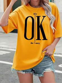 Camiseta Motivacional "Está Bien" para Mujer de Talla Grande - Negra con Estampado de Letras Blancas, Cuello Redondo, Estilo Casual Elegante, Lavable a Máquina, Comodidad para Todas las Temporadas, Ropa Versátil, Diseño Minimalista, Tela de Fácil Cuidado - Negro - Ver 5