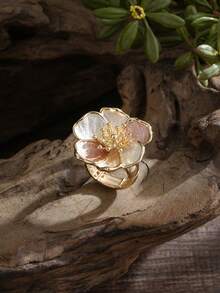 Cring Coco Khaki Enamel Flower Stretch Ring, Pure White Enamel Ring, Adjustable KC Golden Plated Elastic Band Statement Ring For Women Jewelry, Cute Aesthetic Jewelry For Daily Wear, Party Gathering Vacation Valentine's Day Mother's Day Gift - Flower - View 6