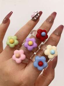 1pc Cute Bohemian Style Floral Resin Ring, Fresh Summer, Y2K Vibe, Vibrant Colors, Unique Design Women's Jewelry, Gift For Friends, Vacation Outfit Accessory - Flower Ring - View 11