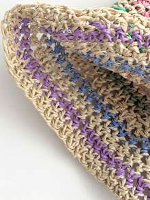 Dopamine Striped Straw Fisherman Hat Women Summer Hollow Out Breathable Bucket Hat Slimming Face Sun Protection Sun Hat Plus Size Rainbow Striped Hollow Straw Hat Women Travel Outdoor Sun Protection Face Covering Sun Hat Women New Wide Brim Slimming Face Large Head Circumference Handmade Woven Large Size Fisherman Hat Vacation Beach Bucket Hat Back To School - Multicolor - View 10