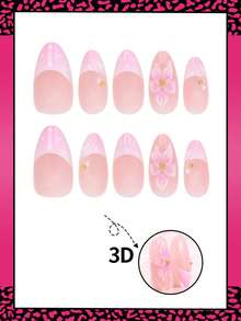 10片中号杏仁法式按压式美甲贴片，3D立体波浪纹设计，优雅Y2K极简主义亮面全覆盖假指甲，适合女性和女孩日常佩戴 - 彩色 - 查看 3