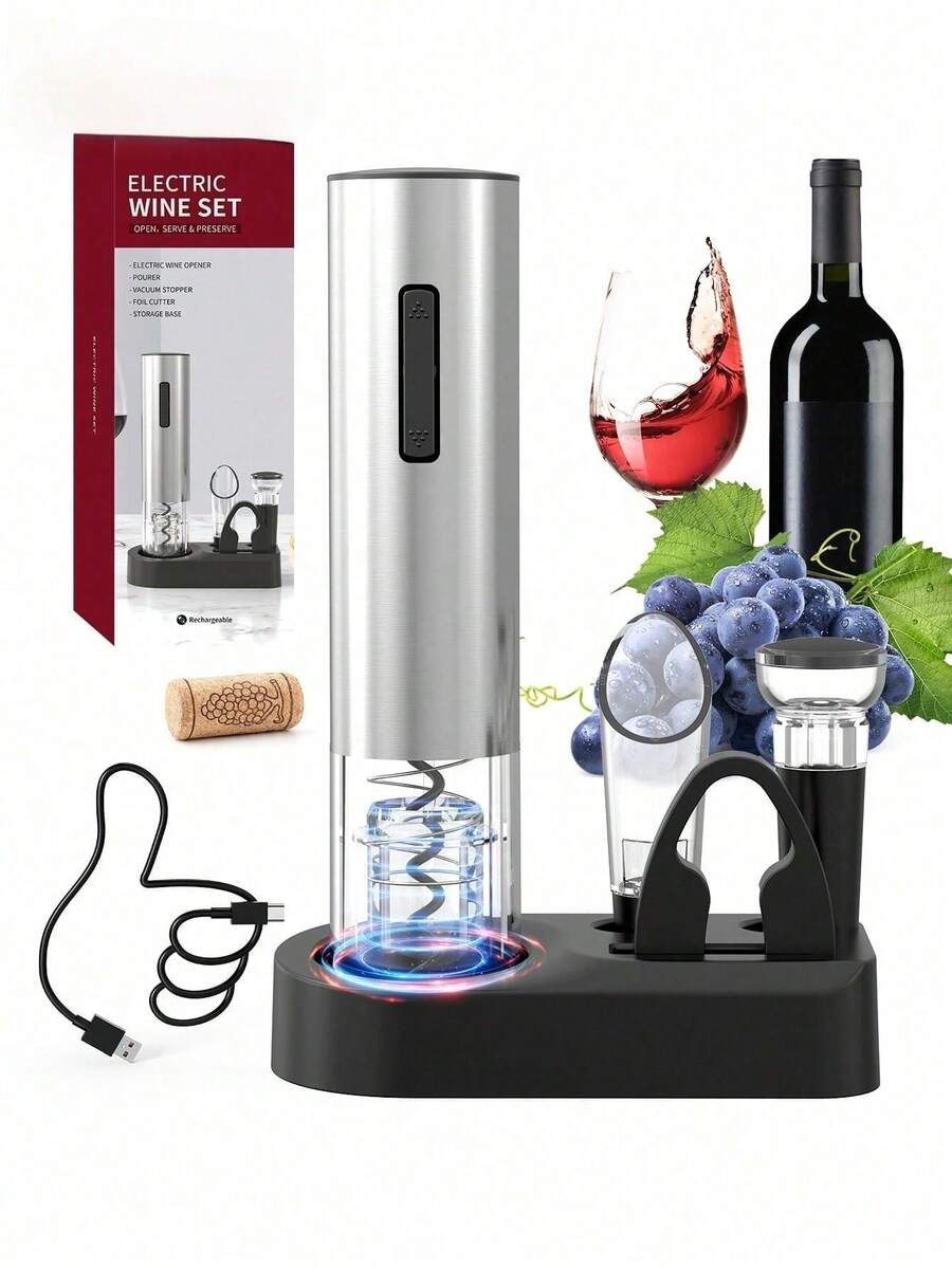 6-In-1 Wine Opener Electric Rechargeable Automatic Corkscrew Bottle Opener Set With Vacuum Stopper, Aerator Pourer, Foil Cutter, Display Base & USB Charging Cable,Kitchen Essential,Can Openner,Can Openner Electric,Cocina Accesorios,Kitchen Essentials