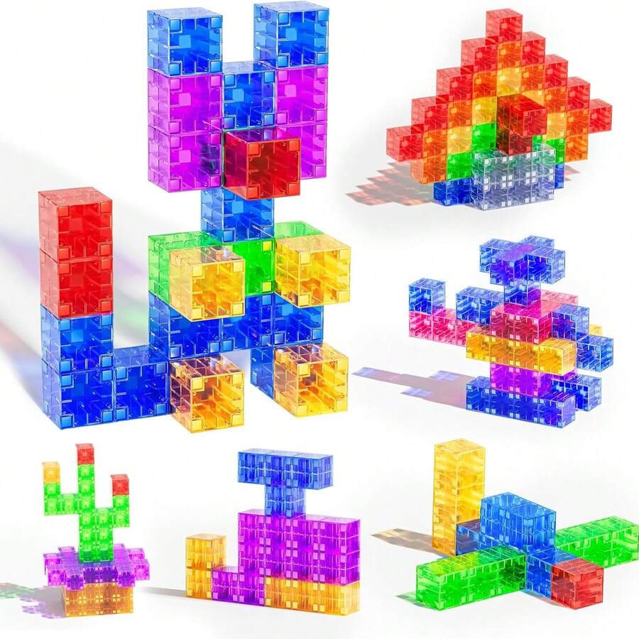 1個彩色微透明積木，創意3D堆疊拼圖玩具，兒童互鎖感官積木，ABS材質，適合3歲以上男孩女孩的理想禮物，派對贈品與幼兒園學習活動