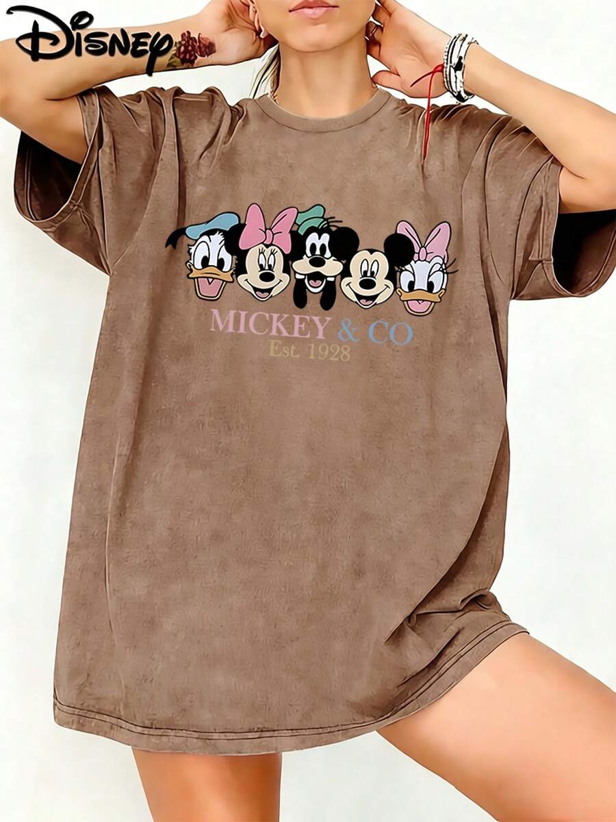 Disney Mickey & Co Est 1928 Friends Face Graphic Washed Unisex TShirt, 100% Cotton Oversized Vintage Short Sleeve Tee, Classic Retro Disney Themed Casual Top - 咖啡棕 - 查看 1