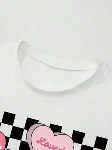 Camiseta de manga corta con cuello redondo y estampado de corazones para niñas, verano - Rosa - Ver 5
