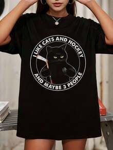Funny Black Cat Hockey T-Shirt I Like Cats And Hockey - Black - View 6