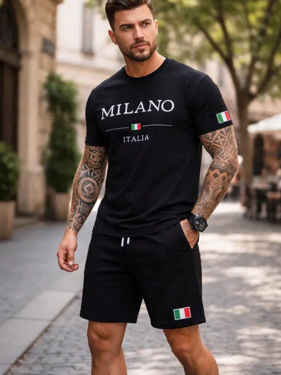 Men's T-Shirt And Shorts Set With Milano Italia Streetwear Print - Black T-shirt - Black Shorts - View 1