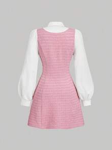 fsfvgsSHEIN MOD 1 pieza Vestido largo de manga larga con cuello y parche de cuadros elegante para mujer, otoñosbfb s G2RJ - Rosa - Ver 2
