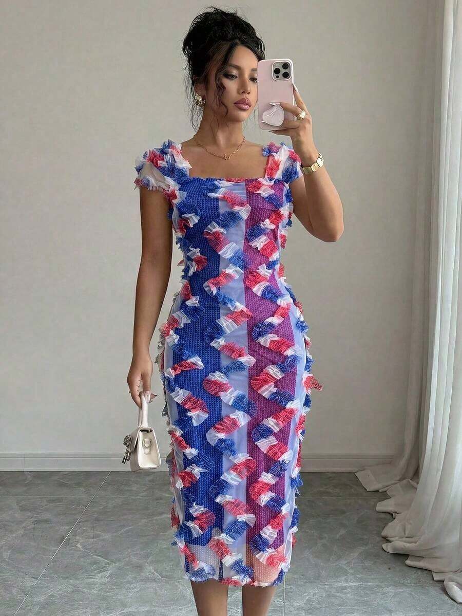 Vestido midi elegante y romántico de mujer con malla bordada y fruncido, adecuado para la temporada de bodas, fiestas, citas y salidas casuales (bordado aleatorio) - Multicolor - Ver 1