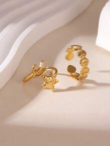 2pcs Minimalist Fashion Ocean-Themed Stainless Steel Open Rings, 18K Gold Plated, Unisex, Suitable For Daily Wear Or Summer Vacation - Multicolor - View 2