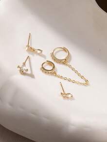 Nooxian 5pcs Gold Zirconia Ear Cuff Set, Multi-Piercing Rhinestone Chain Earrings, Luxury Layered Ear Accessories - Yellow Gold - View 4