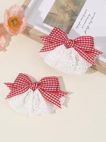 2pcs Red & White Plaid Bow Hair Clips With White Lace Ruffle Decor, Cute & Fashionable Hair Clips, Alligator Clips & Hair Pins, Suitable For Girls, Birthday, Party & Daily Wear - Multicolor - View 7