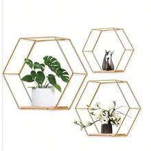 3pcs/1pc Gold Hexagon Wall Shelf, Furniture Wall Decor Storage Rack, Book Display Shelf, Iron Art Storage Rack, Wall Shelf - Gold - View 9