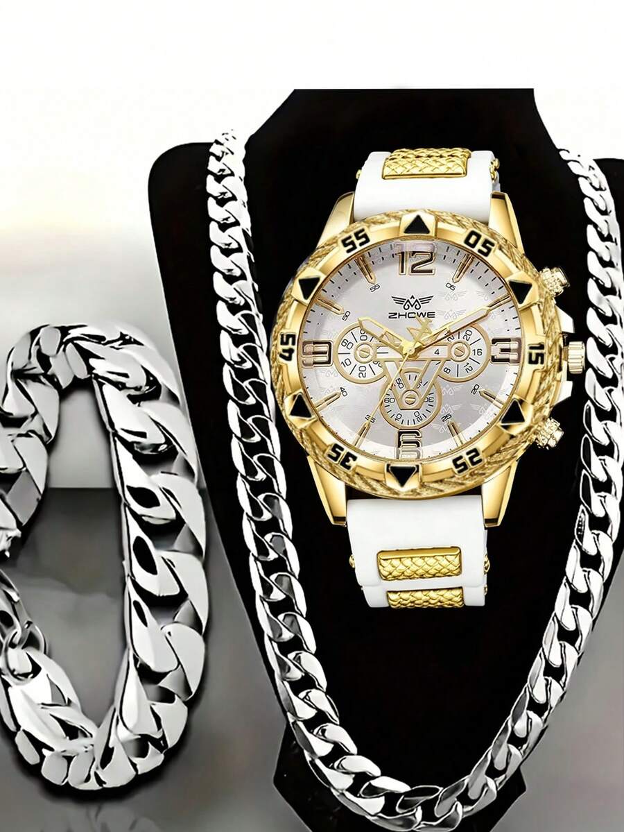 3pcs Men's Hip-Hop Style Watch Set, Including A Gold And White Contrasting Three-Eye Chronograph Quartz Watch, A Silver Cuban Chain Necklace, And Bracelet. The Watch Features A White Dial With A Gold Bezel, Paired With A Silicone Strap And Gold Woven Textured Accents, Fully Displaying A Street-Style Fashion Vibe; The Matching Accessories Are Made With Thick Chains And Have A Striking Metallic Shine. - White - View 1