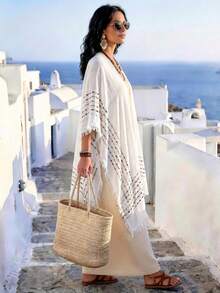 1pc Women's Spring/Summer Bohemian Style Minimalist Pattern Split Shawl Outerwear Decorative Beach Vacation Sun Protection Shawl Fashion Versatile Casual Suitable For Daily Matching, Perfect Gift Choice - White - View 4