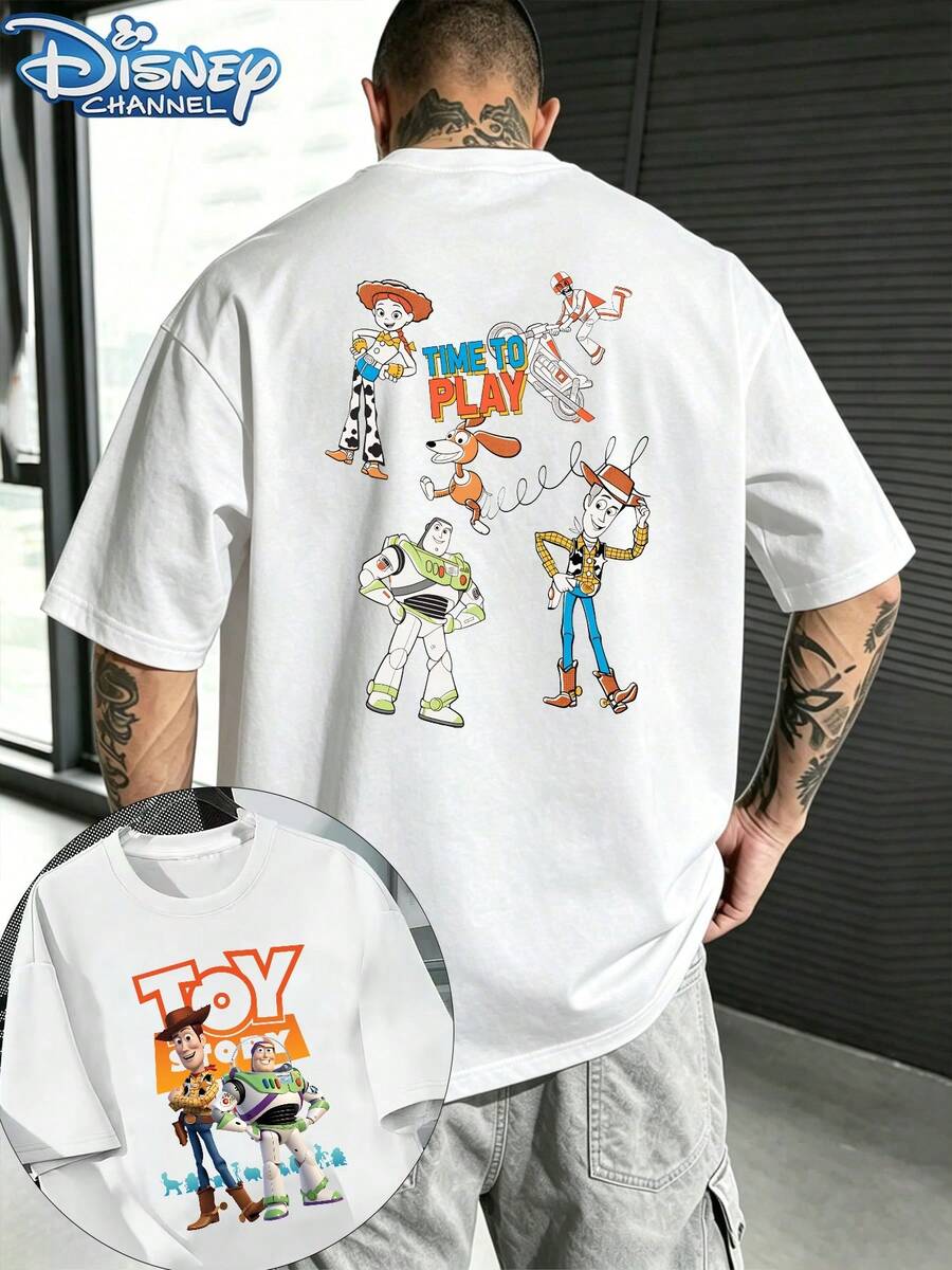 Camiseta infantil conjunta de Disney Toy Story para verano, baño, Año Luz, Woody, manga corta estampada, estampado frontal y trasero de Toy Story, camiseta de diseño estampado a doble cara, camiseta de manga corta de verano para hombre, camiseta de manga corta de algodón 100% de alta calidad, paquete informal de manga corta relajado y transpirable, universal para hombres y mujeres, imprescindible para los fans de Disney, ropa de viaje a Disneyland, parejas, ropa informal para el día a día, ropa urbana, ropa de vacaciones, ropa universitaria - Blanco - Ver 1
