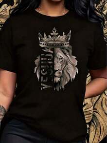 Women's T-Shirts: Scholar T-Shirt With Pink Lion Crown Pattern Print - Round Neck And Short Sleeve Garment, Medium Elasticity, Casual Style, Machine Washable, Versatile Fashion For All Seasons, Durable Fabric, A Lovely Choice. Casual Blouses For Ladies - 黑色 - 查看 7