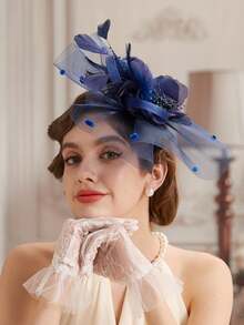 1 Pc Fascinators Hats For Women Pillbox Hat 20s 30s 50s Vintage Headwear Bowler Flower Veil Wedding Tea Party Hat - Navy Blue - View 5