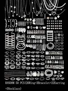 35/47/50/71/87pcs Set Fashionable Minimalist Elegant Bohemian Style Jewelry Set, Including Earrings, Necklaces, Rings, Bracelets With Heart, Twist, Butterfly, Geometric Elements, Wave Patterns, Versatile Daily Wear Accessories, Random Styles - Silver - View 13