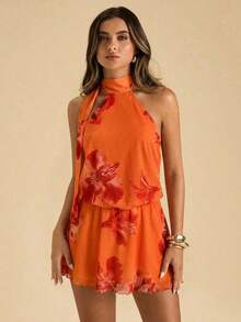 Vestido corto de verano elegante y sexy con estampado floral y espalda descubierta - Naranja - Ver 6