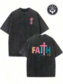 Vintage Graphic T-Shirts With Creative Pattern, "Faith" Washed T-Shirt With Double-Sided Print, 230g Heavyweight Pure Cotton, Washed T-Shirt, Drop Shoulder T-Shirt, Men's Urban Vintage T-Shirt, Basic T-Shirt, Unisex Loose Hip-Hop Style Top, 100% Cotton Washed Vintage T-Shirt, Women's Summer Clothing, Graphic T-Shirts - 黑色 - 查看 12