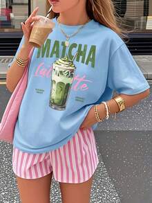 Women's T-Shirt Made Of Pure Cotton, Y2K Style, Personalized And Fashionable, Loose Fit And Short Sleeves, Stylish American Urban Style, Comfortable Round Neck For Casual Daily Wear, Breathable, Sweet And Fresh Style, For Matcha Lovers, Summer Clothes With Creative Print, Gift For Outdoor Sports. - 黑色 - 查看 8