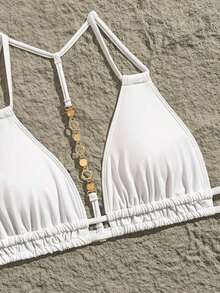 Top de Bikini Sexy y Decorativo de Color Sólido con Espalda Descubierta y Cuello Halter Swim Vcay - Blanco - Ver 5